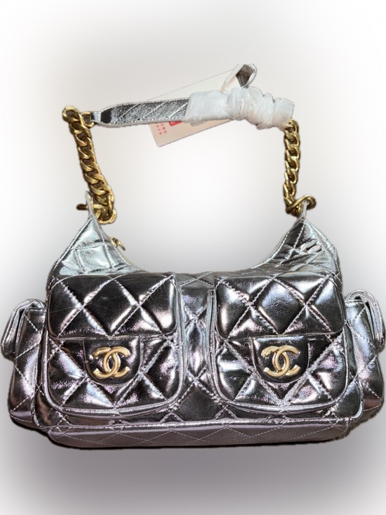 Handbags - Metallic Silver Quilted Duel Pockets, includes box and dustbag - FREE SHIP!